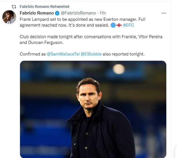 Lampard  is currently set to become the Everton Head Of Coach.