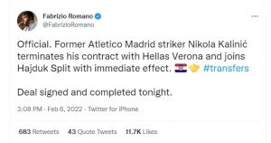 New! Atletoco Striker Nikola Kalinić Terminates His Contract Erona And Joins Hajduk 
